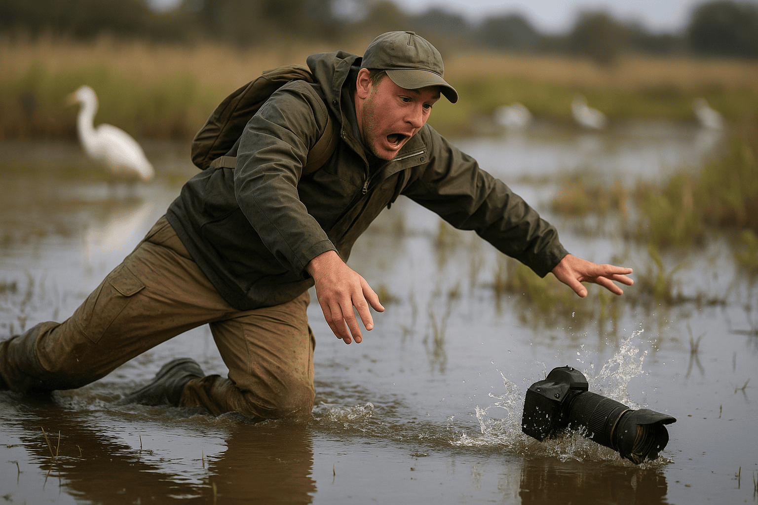 An AI generated image of a person dropping their camera in the water An AI generated image of a person dropping their camera in the water